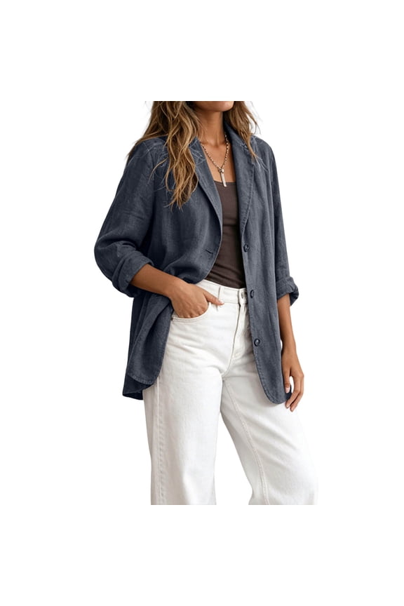 Long Sleeve Blazer For Women Lapel V Neck Button Down Vintage Jackets Fall Winter Trendy Loose Casual Cardigan (L, Black)