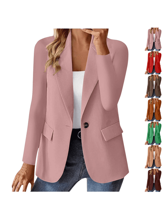 Long Sleeve Blazer Womens Business Casual Suit Jacket | Full Lined Comfort Classic Notch Lapel Functional Flap Pockets Business Casual Style Pink 2XL