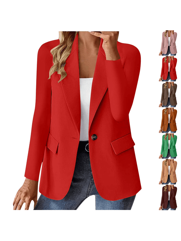 Long Sleeve Blazer Womens Business Casual Suit Jacket | Full Lined Comfort Classic Notch Lapel Functional Flap Pockets Business Casual Style Red XL