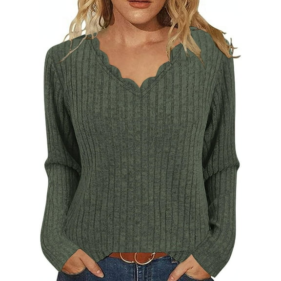 Long Sleeve Blouse for Women Casual New Women's Long Sleeve Ribbed Shirts Lightweight Loose V Neck Tunic Tops Dressy Fall Going out Casual Blouse Army Green XXL