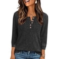 thumbnail image 1 of Long Sleeve Blouse for Women Fall New Women's Winter Casual Solid Color Round Neck Button Knitted Striped Brushed Loose Sweater Three-Quarter Sleeve Tops Style B-6 Dark Gray S, 1 of 6