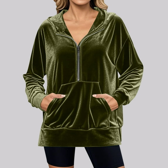 Long Sleeve Blouse for Women Trendy New Zip up Hoodie for Women Velvet Long Sleeve Half Zip Sweatshirts Casual Loose Oversized Pullover Tops with Pocket Army Green L