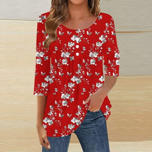 Long Sleeve Blouse for Women 3/4 Sleeved Round Neck Button Pleats Casual Printed T-shirt Red XL,Womens Tops