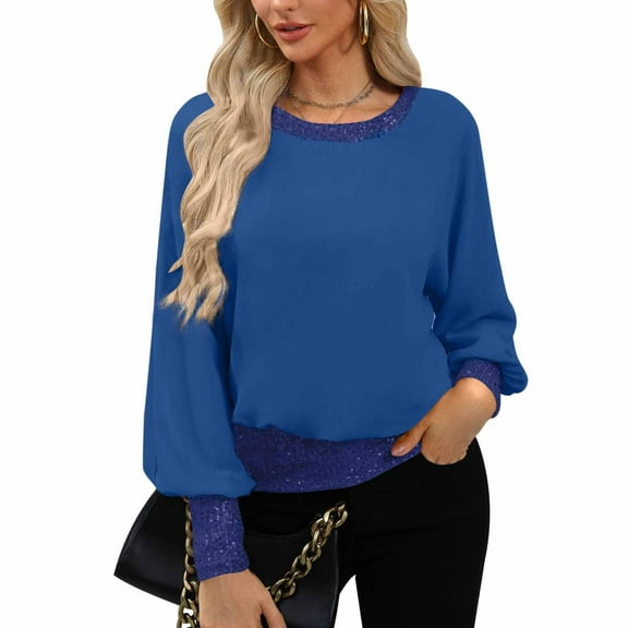 Long Sleeve Blouse for Women Fall New Casual Women's Fashion Solid Color Round-Neck Long Sleeve Tops Sequins Blouse Style B-10 Blue XXL
