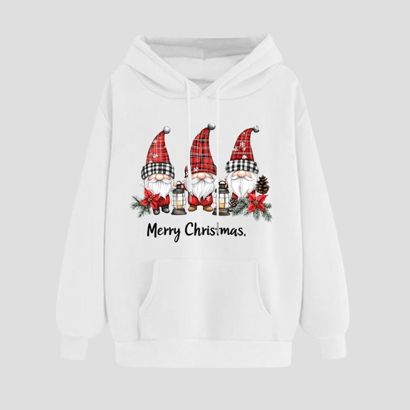 Long Sleeve Blouse for Women Hooded Christmas Printed Long Sleeved Sweatshirt White XL,Women Sweatshirt