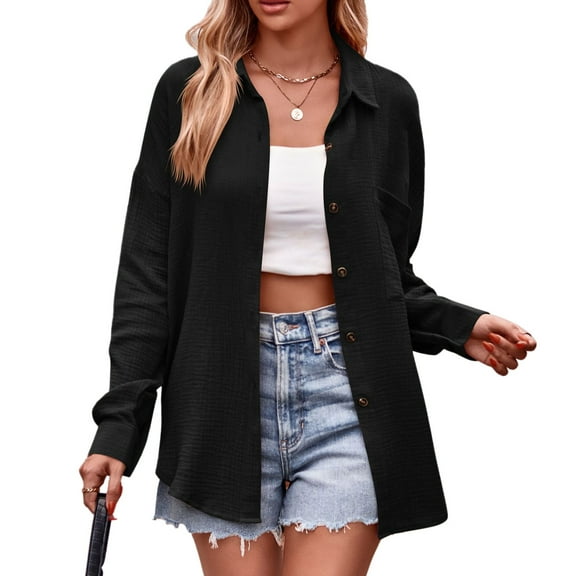 Long Sleeve Blouse with Pocket Women Casual Shirt Single Breasted Button Turndown Collar Fashion Top Black S