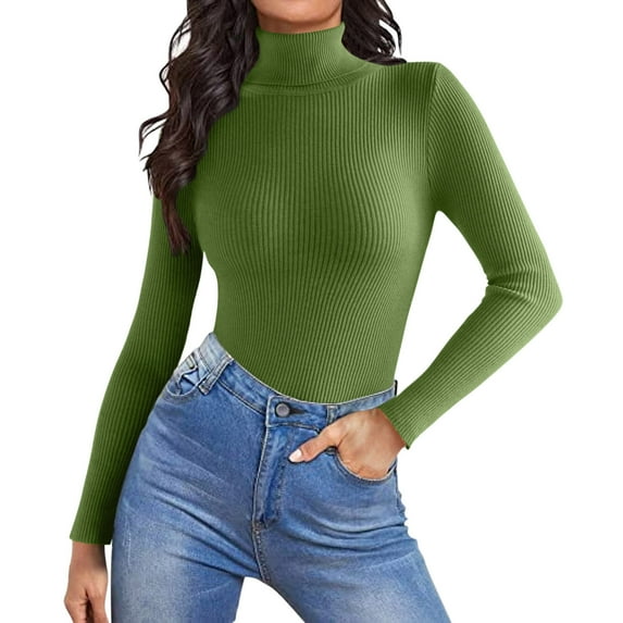 Long Sleeve Blouses Women Casual Solid Color Bottoming Shirt Slim High Collar Knitted Long Sleeved Top Z0E-Green, One Size