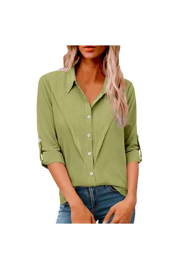 Long Sleeve Blouses for Women Ladies Linen Shirt V Neck Button Down Casual Smart Tops Spring Summer Shirts Business Casual Office Work Tunic Blouse Loose Fit Going Out Tops