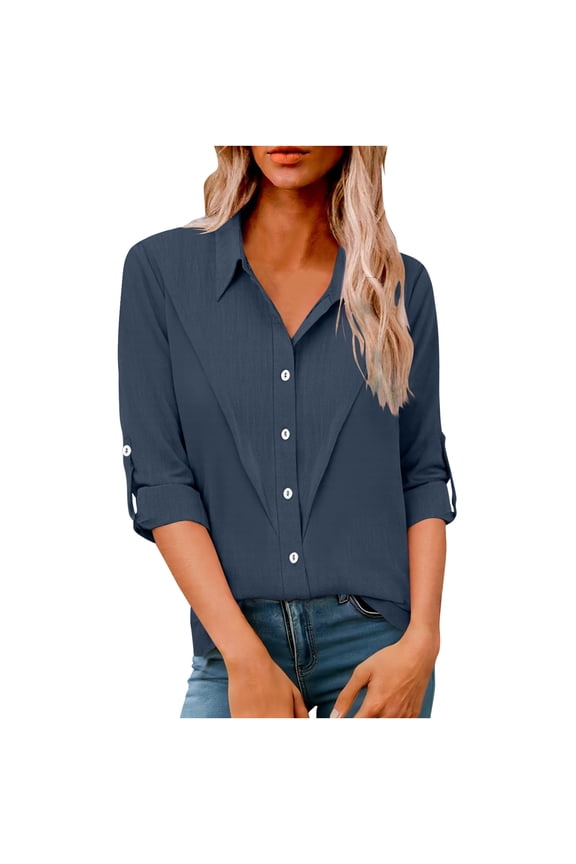 Long Sleeve Blouses for Women Ladies Linen Shirt V Neck Button Down Casual Smart Tops Spring Summer Shirts Business Casual Office Work Tunic Blouse Loose Fit Going Out Tops