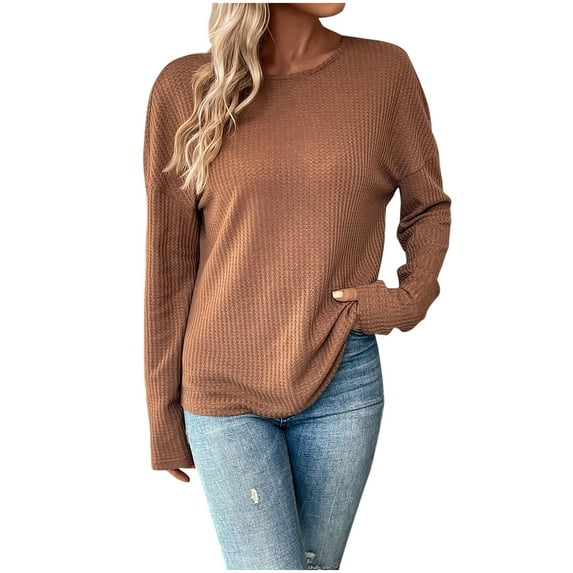 Long Sleeve Blouses Womens Waffles Knit Pullover Open Back Casual Tops Long Sleeve Back Knot Shirts Blouse Workout Tshirts Shirts S-64 Coffee S
