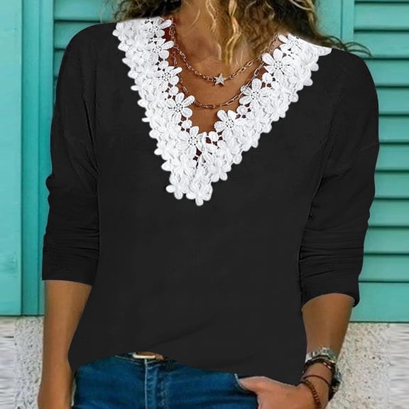 Long Sleeve Blouses for Women Casual Fall Tunics for Women Fashion Casual Solid Color Loose Lace Long Sleeve V-neck Tops