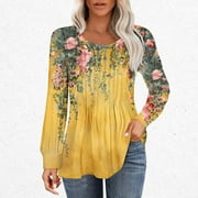 Long Sleeve Blouses for Women Casual Long Sleeve Shirts for Women Pack Pleated Round Neck Top Print Long Sleeved shirt