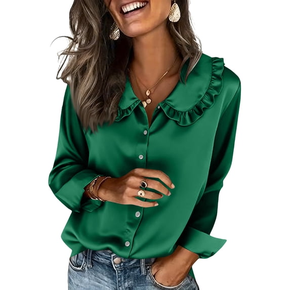 Long Sleeve Blouses for Women Casual Solid Button Down Shirts Casual Open Front Flared Collar Tops