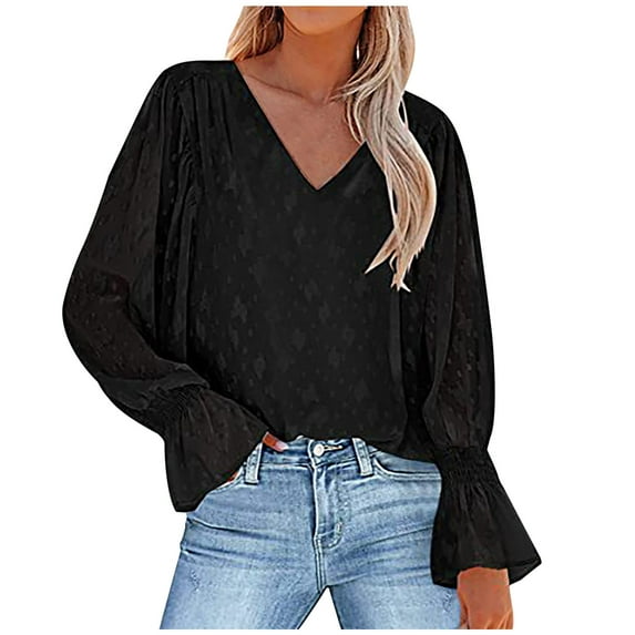 Long Sleeve Blouses for Women Chiffon Flower Print Blouses Casual V Neck Bell Sleeve Blouses Stylish Loose Tunic Tops on Womens Sweatshirt