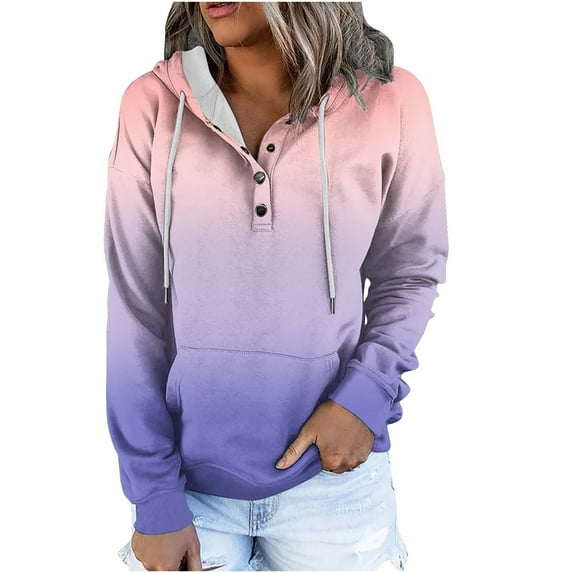 Long Sleeve Blouses for Women Plus Size Tops for Women Trendy Print Gradient Loose Long Sleeve Button Hoodie Sweater
