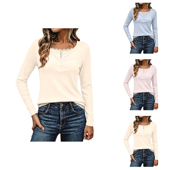 Long Sleeve Blouses for Women Spring Fall Layered Look Henley Neck Ribbed Slim Fitted Shirt Going out Tops