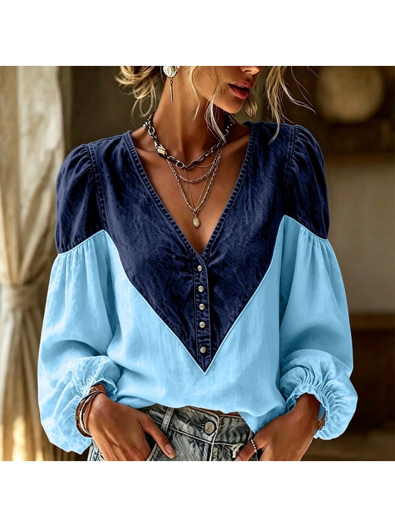 Long Sleeve Blouses for Women V Neck Boho Casual Color Block Tops Puff Sleeves Blouse Shirt
