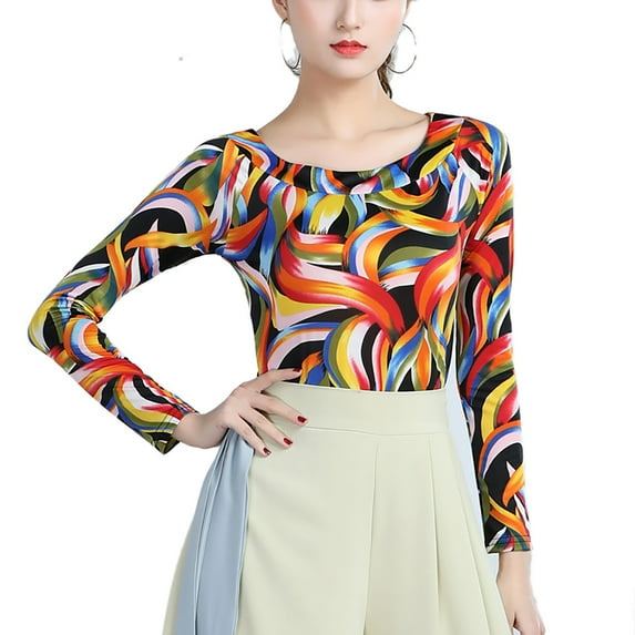 Long Sleeve Boat Neck Multi-Color Printed Dance Teacher Shirt T Shirt Tops Blouse For women's Adult Ladies Latin Ballroom Dance