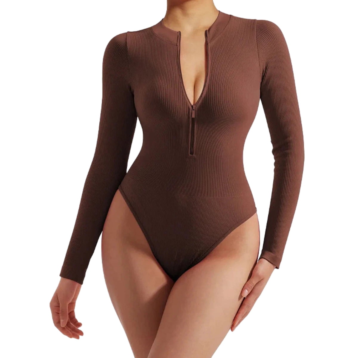 Long Sleeve Body Suit Mock Turtle Neck Zip Up Bodysuit for Women