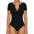 thumbnail image 1 of Long Sleeve Body Suit Mock Turtle Neck Zip Up Bodysuit for Women Ribbed Deep V Sexy Bodysuit Shirts, 1 of 1