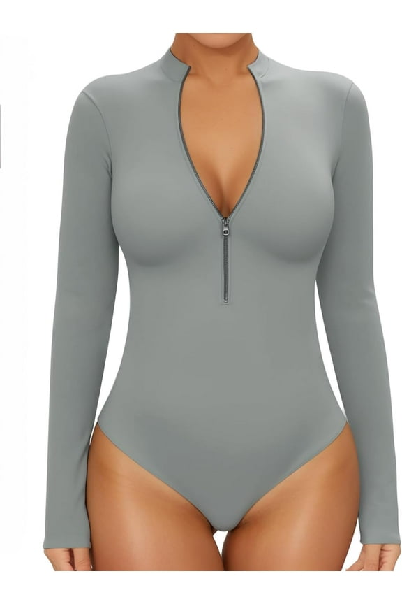 Long Sleeve Body Suit Mock Turtle Neck Zip Up Bodysuit for Women Ribbed Deep V Sexy Bodysuit Shirts