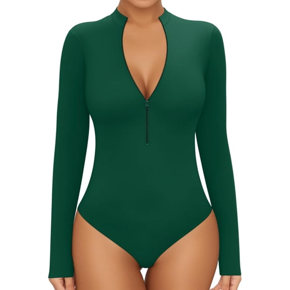Long Sleeve Body Suit Mock Turtle Neck Zip Up Bodysuit for Women Ribbed Deep V Sexy Bodysuit Shirts