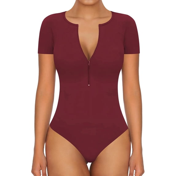 Long Sleeve Body Suit Mock Turtle Neck Zip Up Bodysuit for Women Ribbed Deep V Sexy Bodysuit Shirts