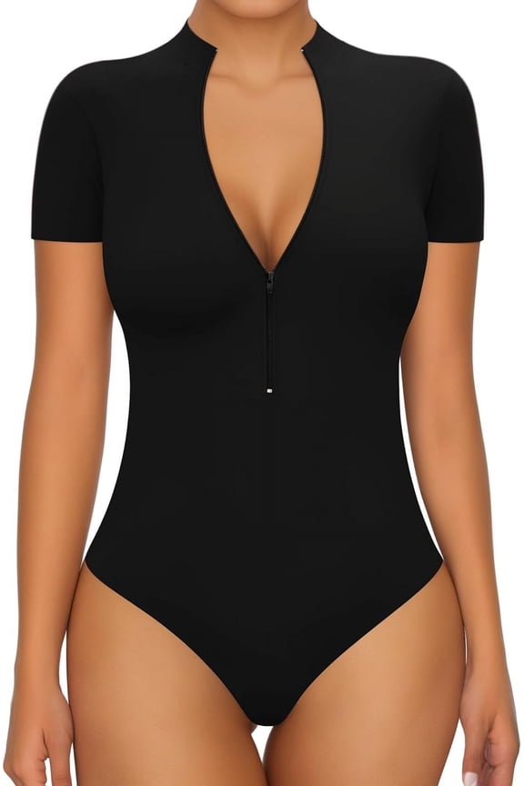 Long Sleeve Body Suit Mock Turtle Neck Zip Up Bodysuit for Women Ribbed Deep V Sexy Bodysuit Shirts