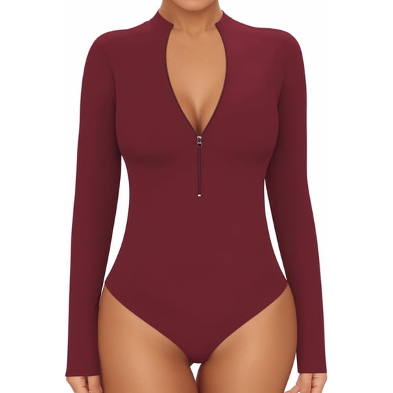 Long Sleeve Body Suit Mock Turtle Neck Zip Up Bodysuit for Women Ribbed Deep V Sexy Bodysuit Shirts