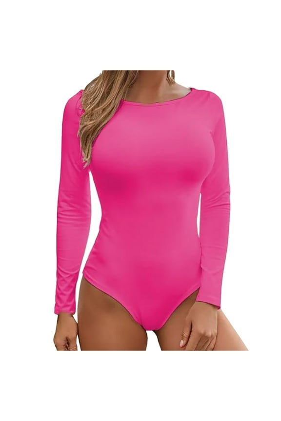 Long Sleeve Bodysuit For Women Solid Round Neck Long Sleeve Button Basic Slim Bodysuit Jumpsuits Outfits