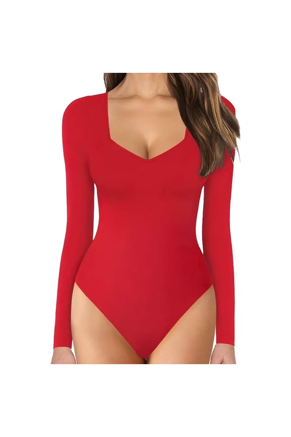 Long Sleeve Bodysuit For Women Solid V Neck Long Sleeve Button Basic Slim Bodysuit Jumpsuits Outfits Nightwear Loungewear