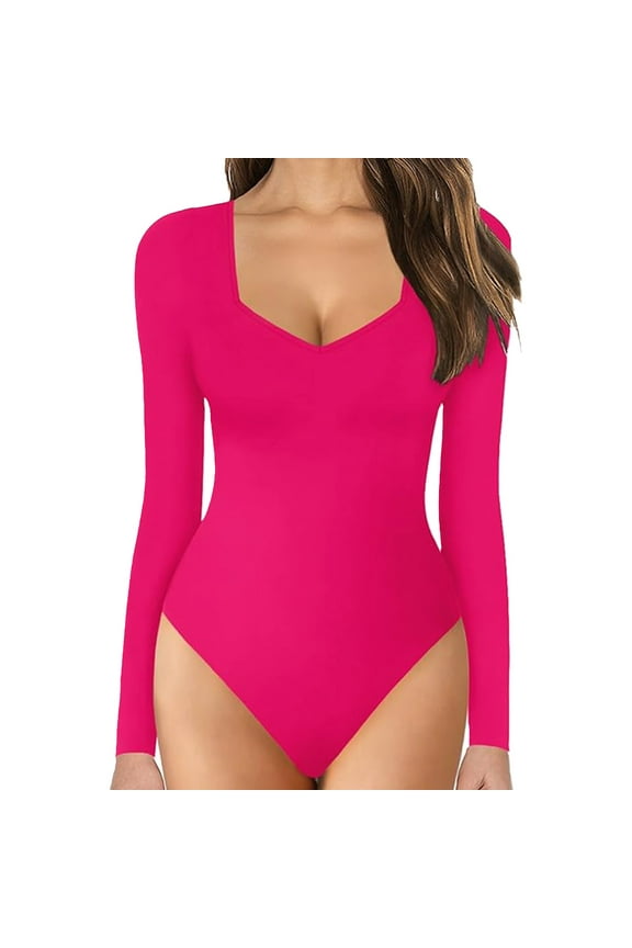 Long Sleeve Bodysuit For Women Solid V Neck Long Sleeve Button Basic Slim Bodysuit Jumpsuits Outfits