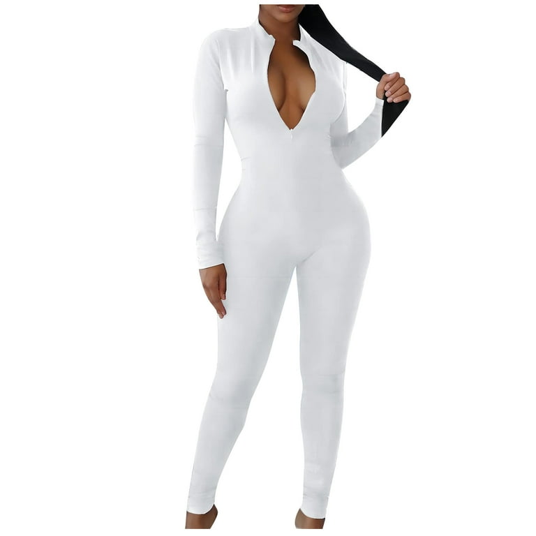 Long Sleeve Bodysuit Womens Front Zipper Casual Sexy V-neck Jumpsuit  Slimming Fit Zip Mock Neck Body Suit Rompers (Medium, White)