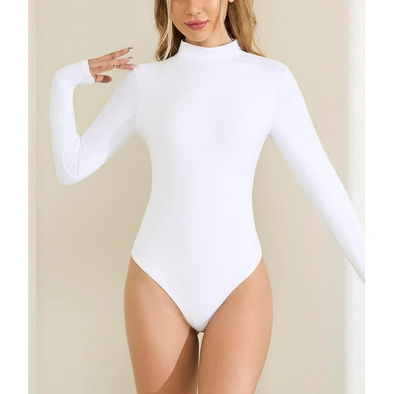 Long Sleeve Bodysuit for Women Basic Trendy Mock Turtle Neck Tummy Control Body Suit Shirts Tops