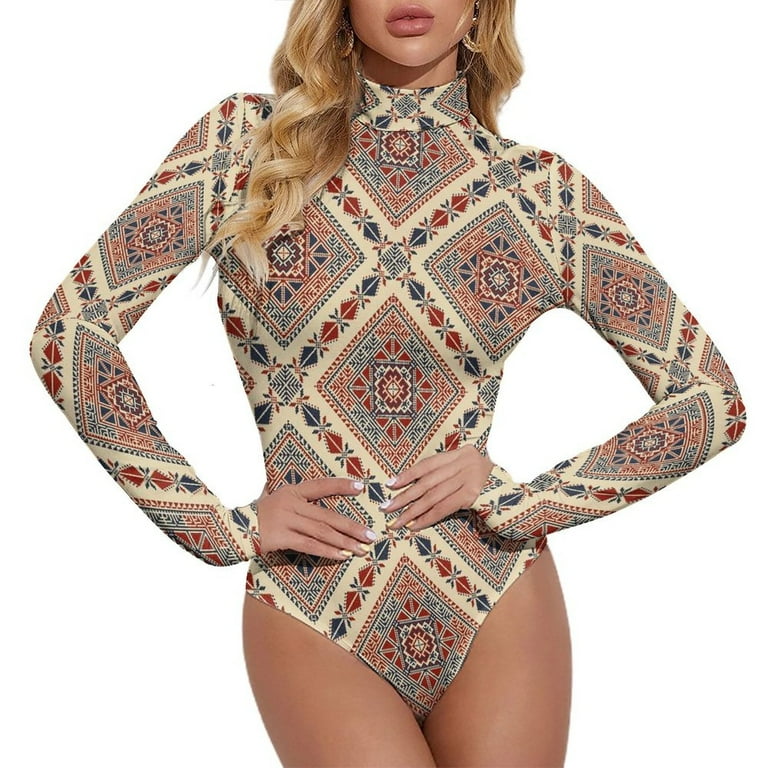 Long Sleeve Bodysuit for Women Fashion Tatreez Turtleneck 