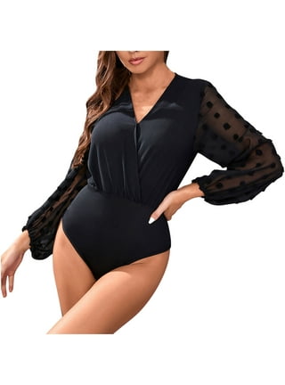VEKDONE 2024 Clearance Women Tummy Control Bodysuits Elegant Square Neck  Long Sleeve Bodysuit Rumpers Sexy V Neck Tops, Summer Casual Swimsuit for