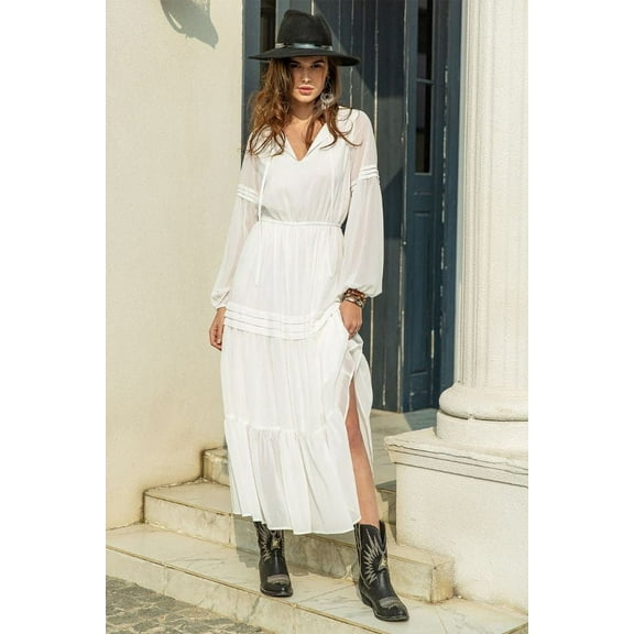 Long Sleeve Boho Dress with Tie Neck Dress (M, White)