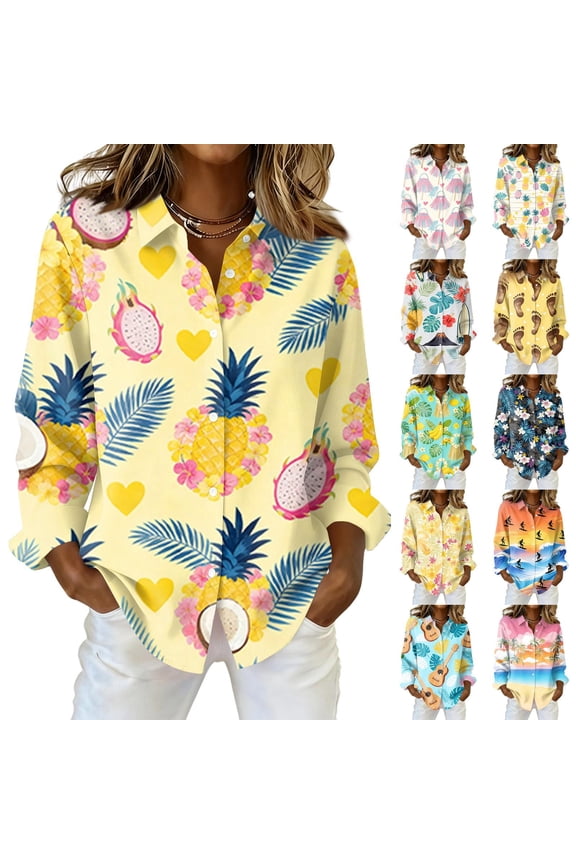 Long Sleeve Boho Hawaiian Tops Tropical Floral Print Button Down Casual Beach Vacation V Neck Tunic 2026 Light pink XL