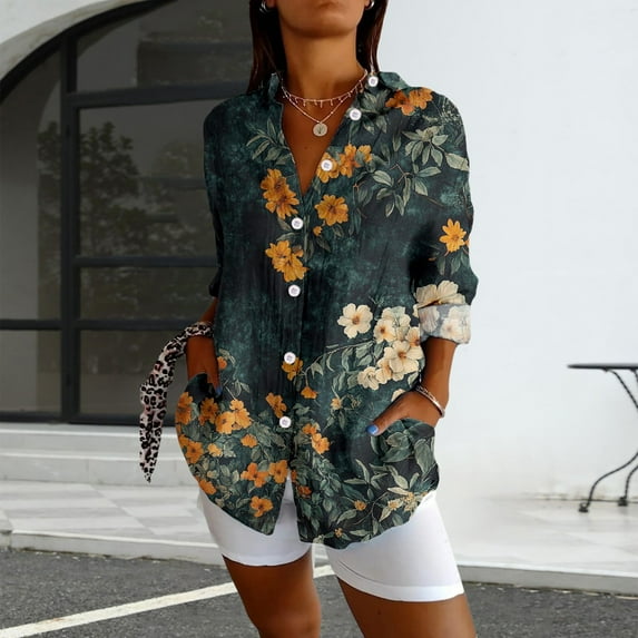 Long Sleeve Boho Shirts V Neck Vintage Floral Tops Casual Graphic Blouses Shirt, Green M, Size S-XXL