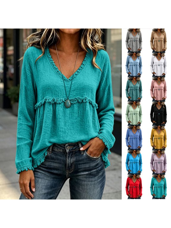 Long Sleeve Boho Tops for Women Fringe Western Tunic Top Loose Fit Dressy Gauze Shirts V Neck Frayed Trim Blouse Green S