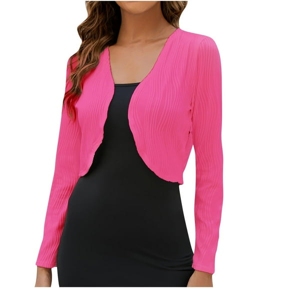 Long Sleeve Bolero Shrugs Womens Ribbed Cropped Cardigans Open Front Lightweight Tops Cover Ups for Dress Hot Pink, XL