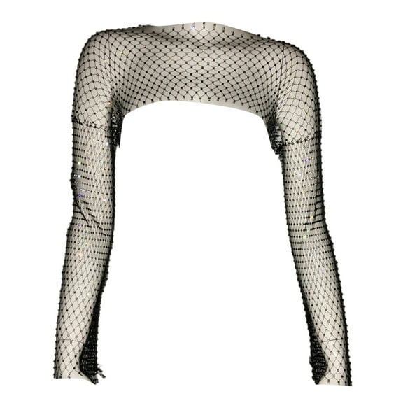 Long Sleeve Boleros Shrug Hollow Out Rhinestones Fishnet Crop Top Festival Shirt