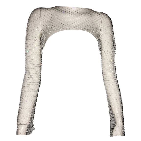 Long Sleeve Boleros Shrug Hollow Out Rhinestones Fishnet Crop Top Festival Shirt