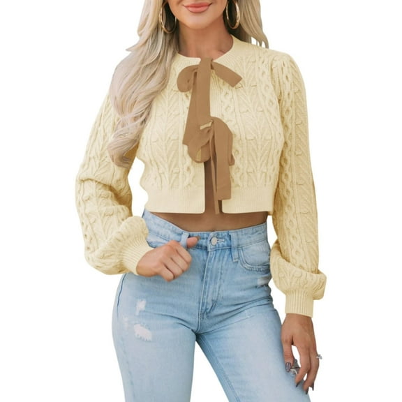 Women Bow Tie Front Long Sleeevd Ribbed Cable Sweater Knit Crop Cardigan