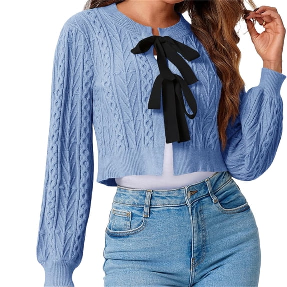 Women Bow Tie Front Long Sleeevd Ribbed Cable Sweater Knit Crop Cardigan