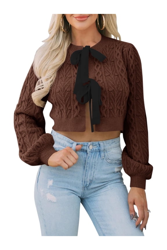 Women Bow Tie Front Long Sleeevd Ribbed Cable Sweater Knit Crop Cardigan