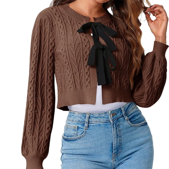 Women Bow Tie Front Long Sleeevd Ribbed Cable Sweater Knit Crop Cardigan