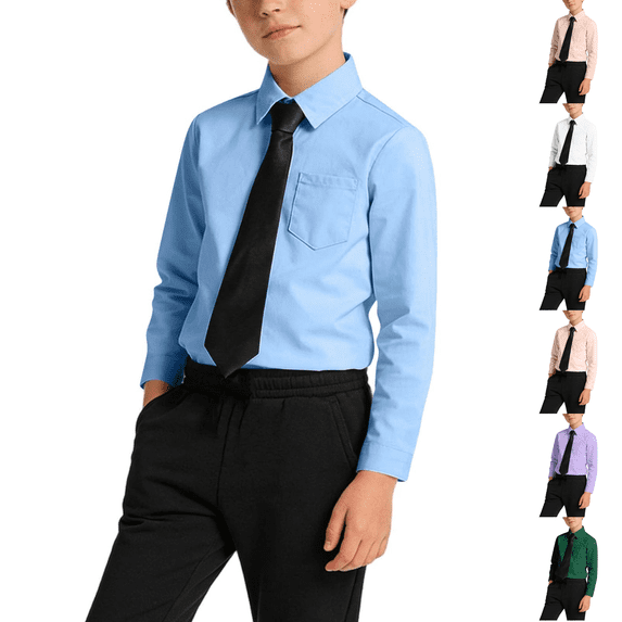 Long Sleeve Boys Dress Shirts, Boys Button Up Shirt Wrinkle-Free for Formal & Casual (Not Tie) Blue 110