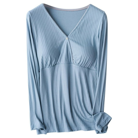 Long Sleeve Breastfeeding Nursing Tops for Women Cotton Cozy Mama Clothes Button Up V-Neck Pregnancy Tunic Tee (XL, Blue)