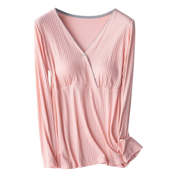 Long Sleeve Breastfeeding Nursing Tops for Women Cotton Cozy Mama Clothes Button Up V-Neck Pregnancy Tunic Tee (XL, Pink)